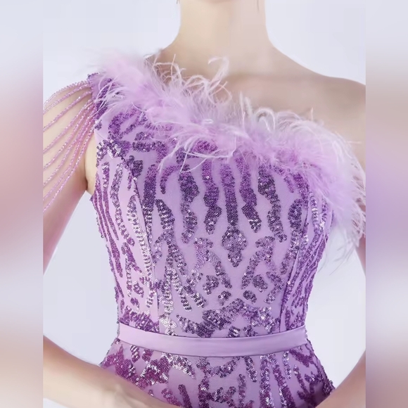 Purple,  Geo Print, Assymmetrical Neck,  Ostrich Feather, Beaded,  Sequined Gown - Picture 4 of 16